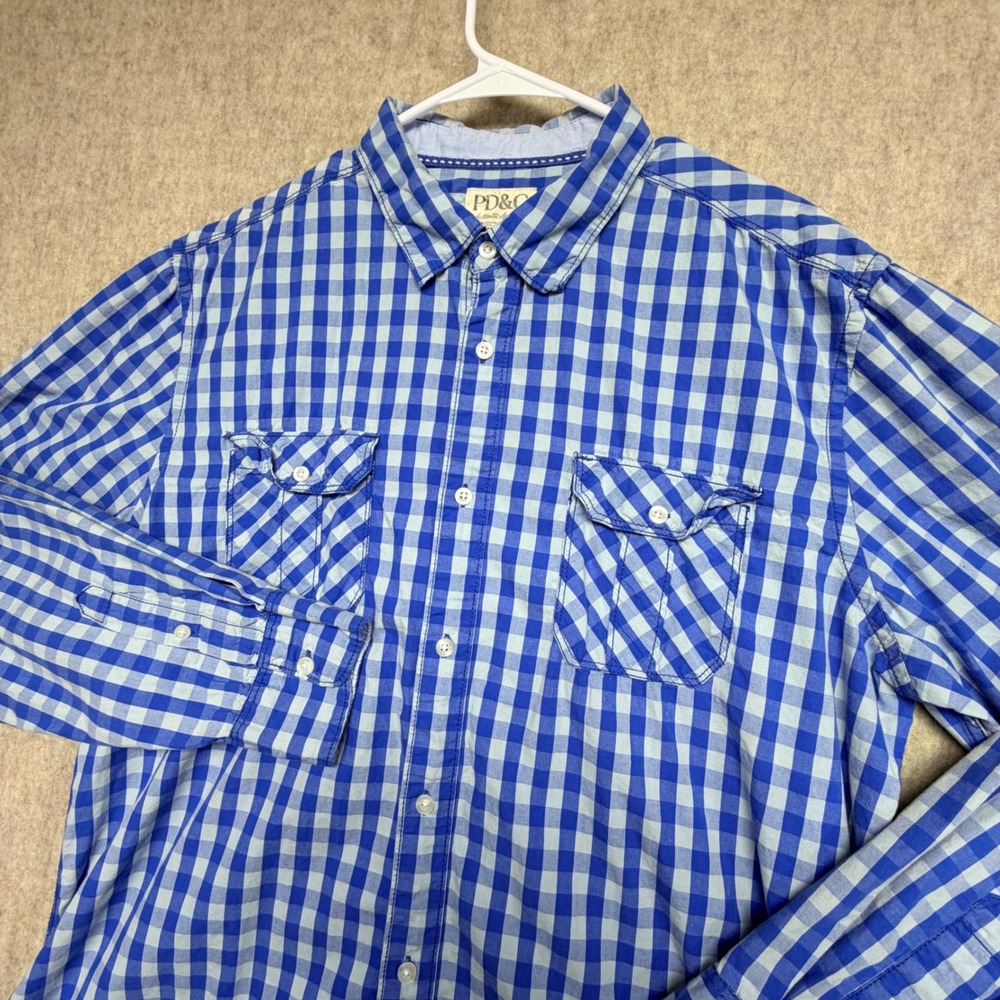 PD&C Button Down Shirt Mens XL Blue Gingham Check Roll Tab Long Sleeve Cotton
